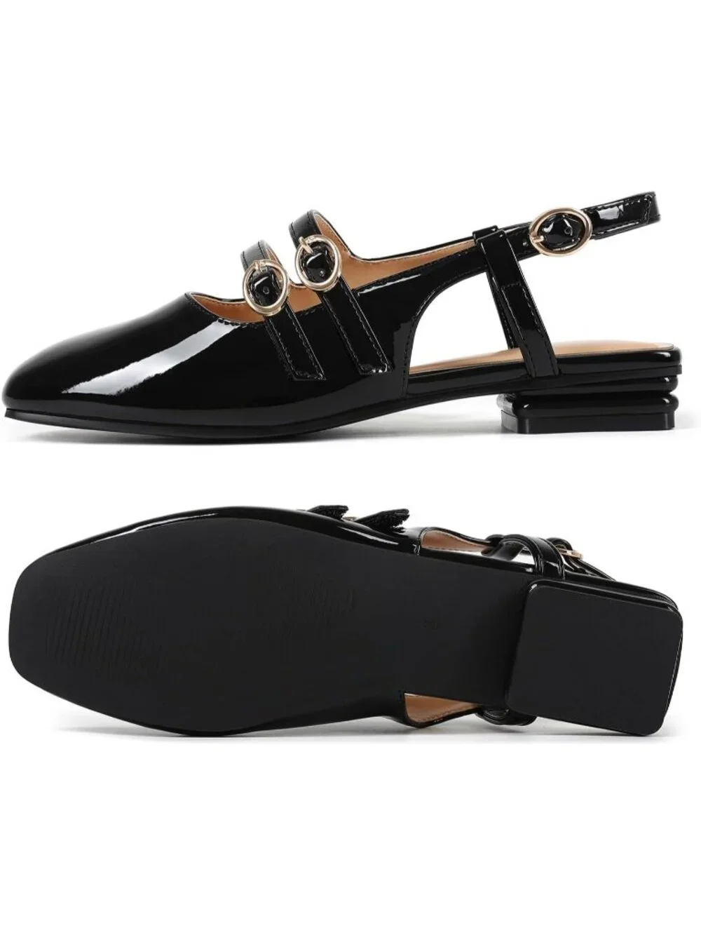 Women's Black Closed Square Toe Strap Slingback Low Heels Pumps for Party Dress